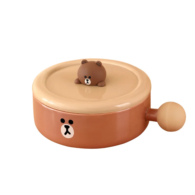 Line Friends Brown Cartoon Large Capacity Ceramic Bowl with Lid Kawaii Fruit Salad Bowl Cute Handle Bowl Anti-Scald Soup Bowl