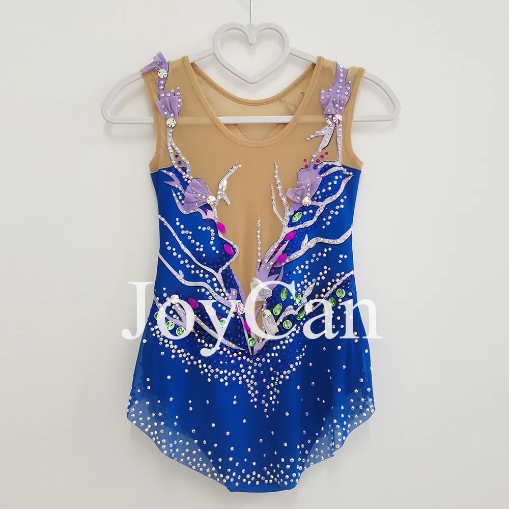 Blaue Kunstturnen-Trikots, hochelastische Spandex-Ganzanzüge, atmungsaktiv, Rhythmische Gymnastikkostüme im Diamant-Look für Damen