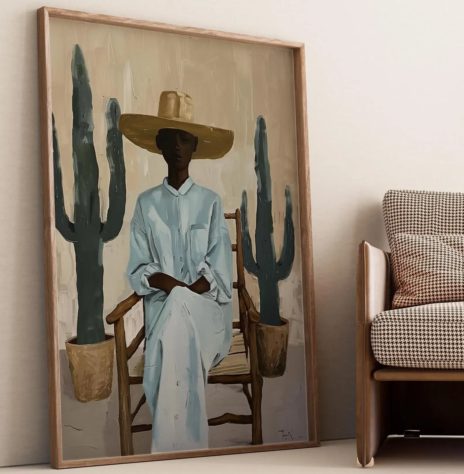 Impression d'art mural minimaliste sur le thème du désert, illustration d'une femme du sud-ouest avec un cactus, décoration de style bohème moderne, poster à télécharger numériquement