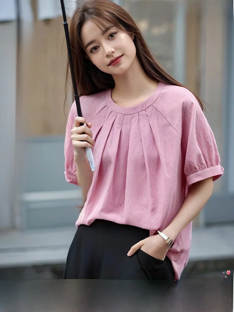 

Casual Versatile Women's Pink round Neck Short Sleeve Shirt Pleated Design Pure Color Summer New Style Loose Fit Button Detail