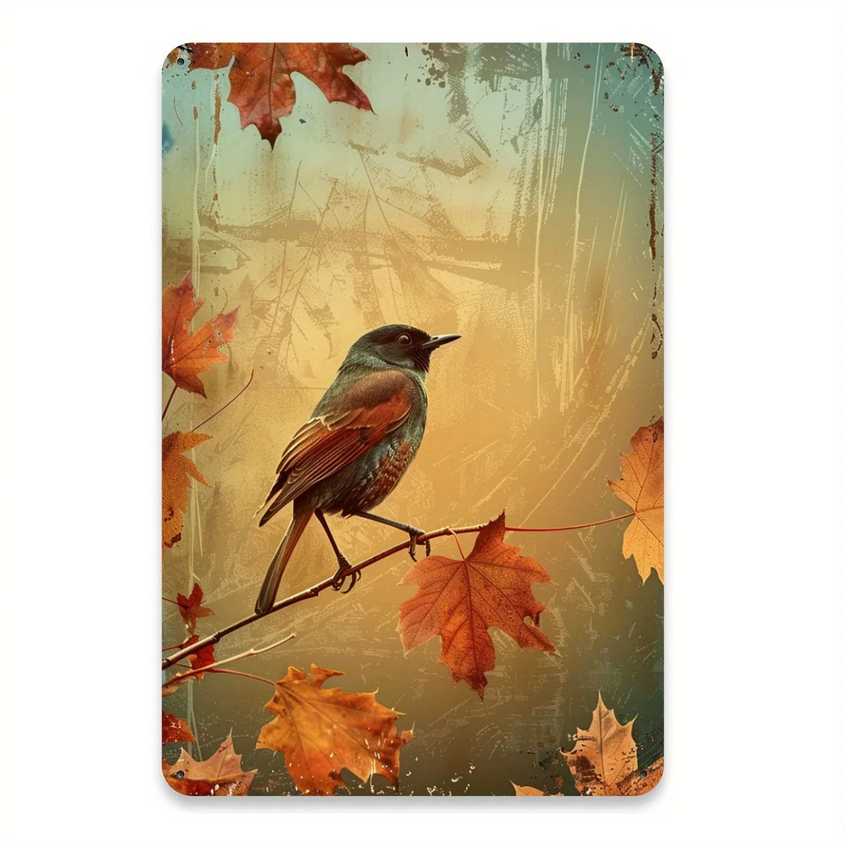 لافتة قصدير عتيقة للطيور الخريفية والأوراق المتساقطة - ديكور منزلي مثالي لعشاق الطبيعة - فن جداري متين مقاس 8 × 12 بوصة للخريف #1