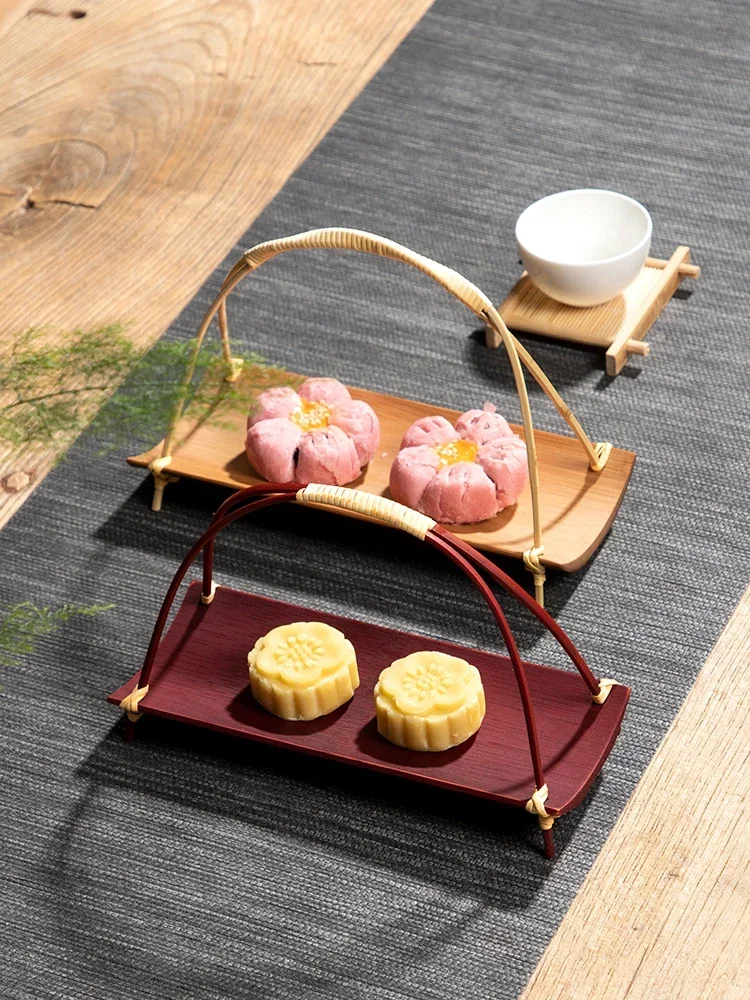 Handcrafted Bamboo Handle Fruit Basket Tea Snack Tray Creative Chinese Style Retro Living Room Home Use Tea Ceremony Tray