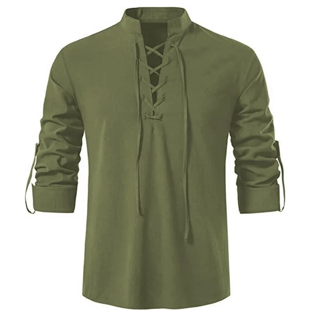 Casual Men\'s Renaissance Shirt Pirate Medieval Viking Top Cotton Linen Shirts Men Long Sleeved Halloween Costume Men Clothing