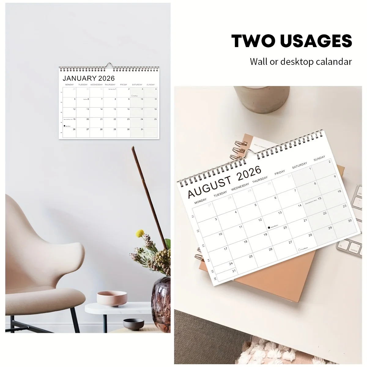 قطعة واحدة من تقويم المخطط الأسبوعي 2026-2027 - عرض لمدة 52 أسبوعًا مع علامات تبويب شهرية وقمر كامل وعلامات القمر الجديد، تخطيط من الاثنين إلى يوم الأحد