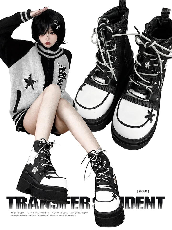 Japanese Original Punk Platform Denim Boots Girl Sweet Cool Round