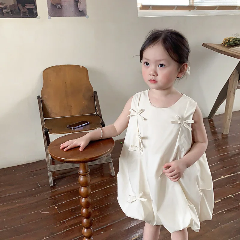 Light Luxury Dress 2023 Summer New Cotton Solid Button Back A-line Puffy Dress Children\'s Korean Sweet Bow Princess Dresses