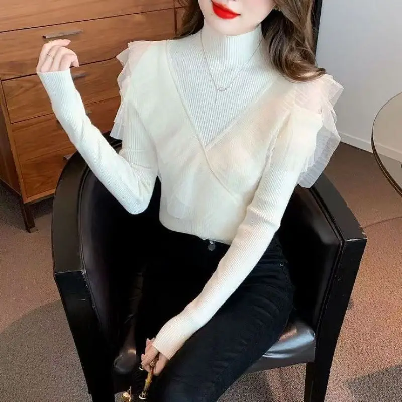 Autumn Winter New Women\'s Solid Color Half High Collar Off Shoulder Sweaters Fashion Elegant Slim Versatile Long Sleeve Tops