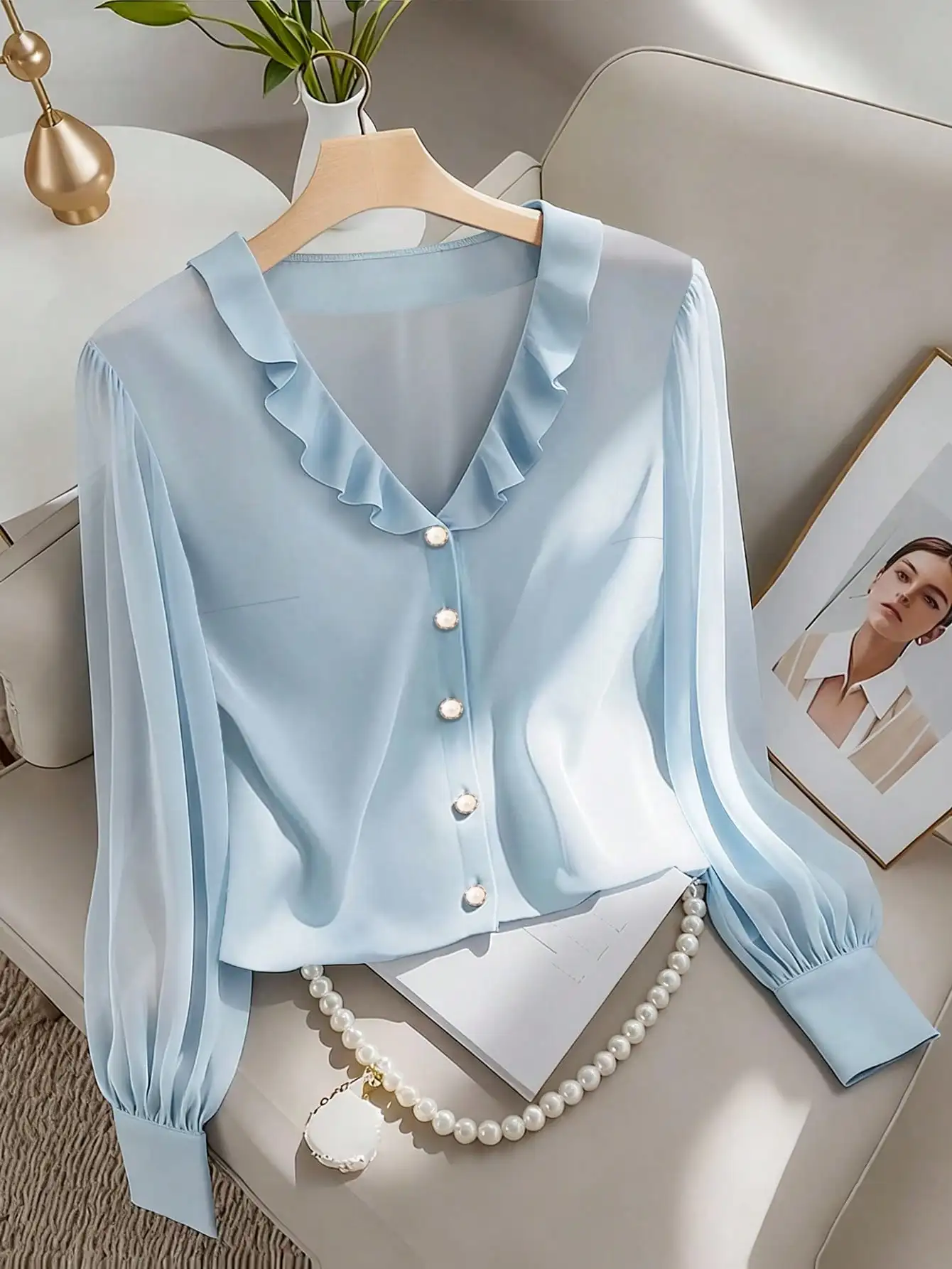 Hebe Style Blue Long Sleeve Shirt Women Elegant V-Neck Slimming Base Shirt Wood Grain Edge Chic Office Wear