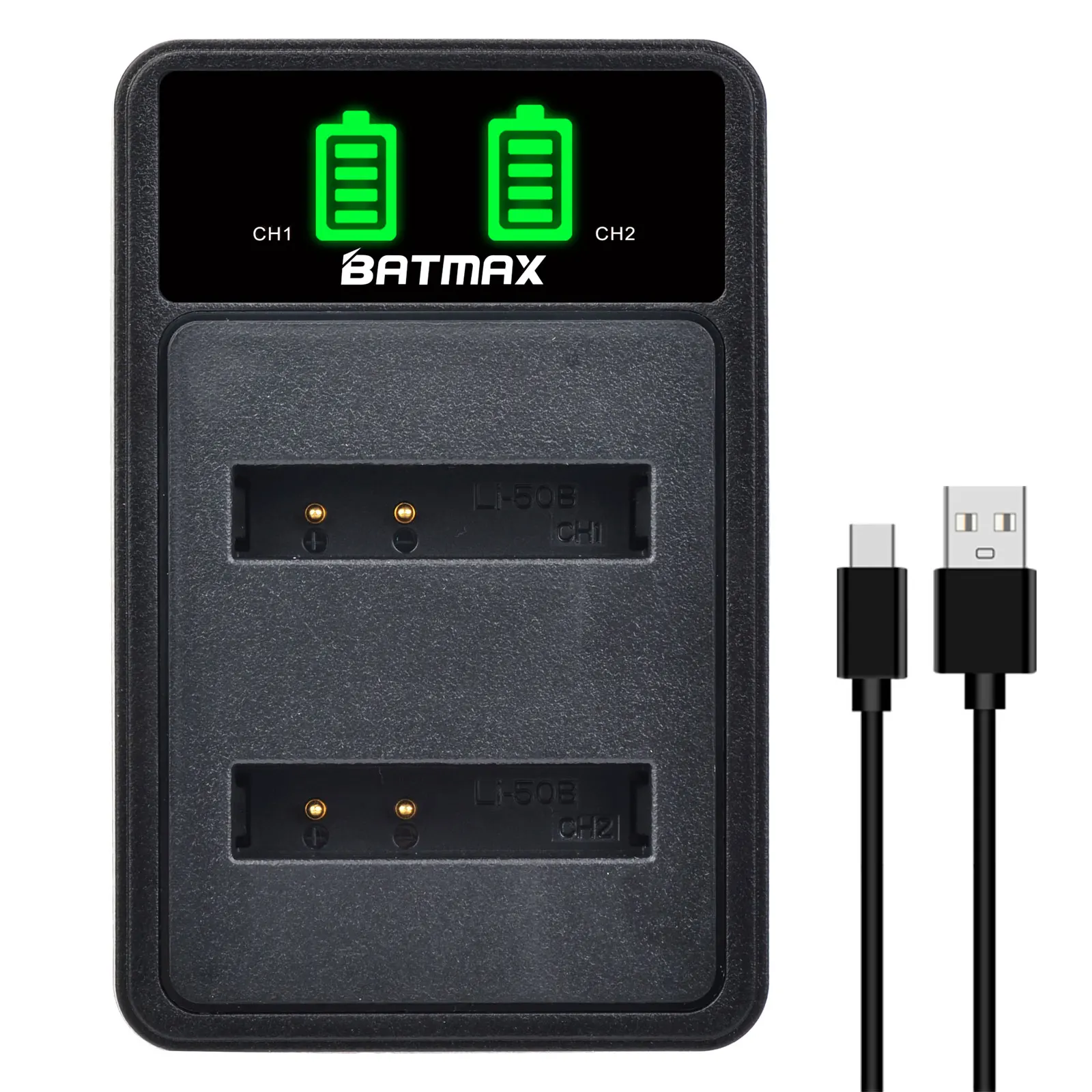 Batteria Batmax Li-50B Li50B D-Li92 + caricatore doppio LED con porta di tipo C per Olympus u6010 u6020 per Pentax XZ-1 SP-800UZ