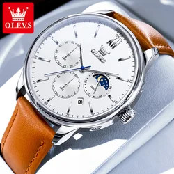 OLEVS 2024 New Men's Quartz Watches Luxury Leather Strap Waterproof Chronograph Moon Phase Man Watch Fashion Sport Watch for Men