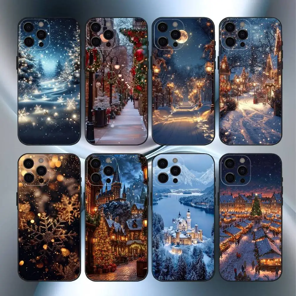 

Winter Christmas Snowflake Phone Case For iPhone17,16,15,14,13,12,11 Plus,Pro Max Soft Black Cover
