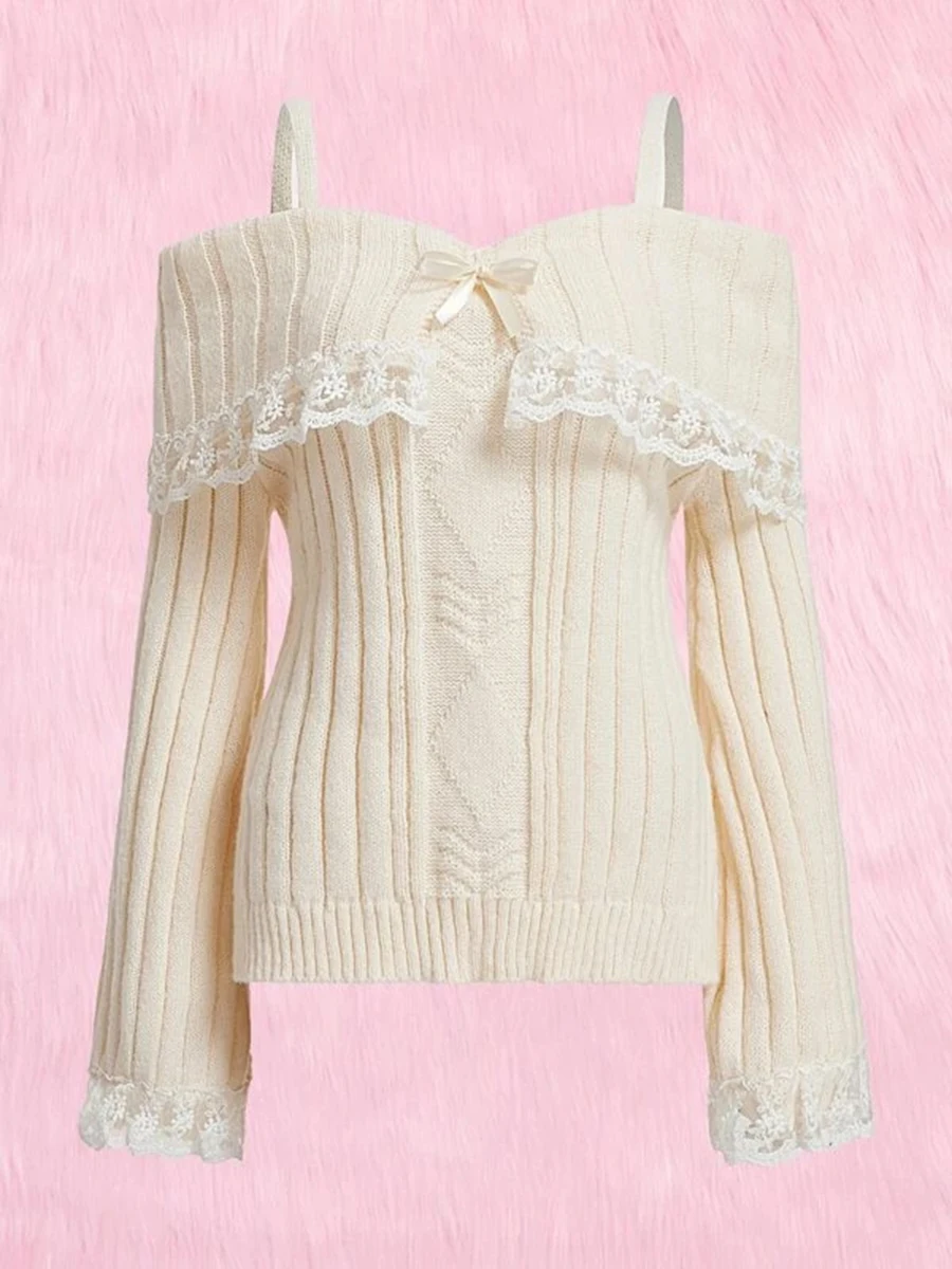Women Long Sleeve Contrast Lace Knit Pullovers Autumn Winter Cold Shoulder Sweaters Bow Front Jumper Tops Beige/Pink view 2