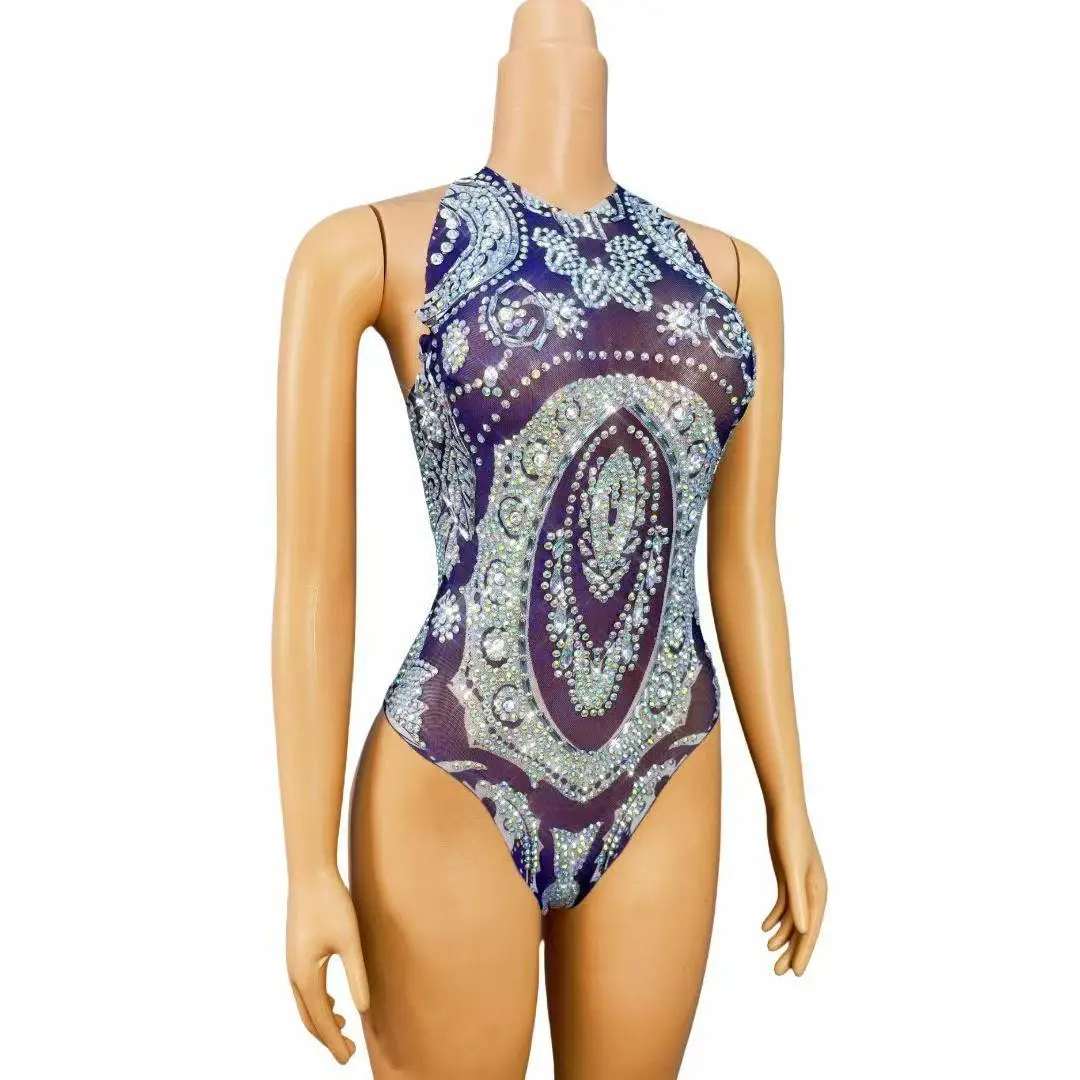 Body Sexy en maille bleue transparente avec strass scintillants pour femmes, tenue de défilé de mode, Costume de séance photo pour spectacle sur scène