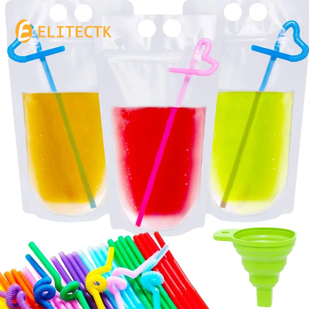 

100PCS Magic Drink Pouches with Straw Resealable Ice Drink Pouches Smoothie Bags with Drinking Straws Reusable Juice Pouch