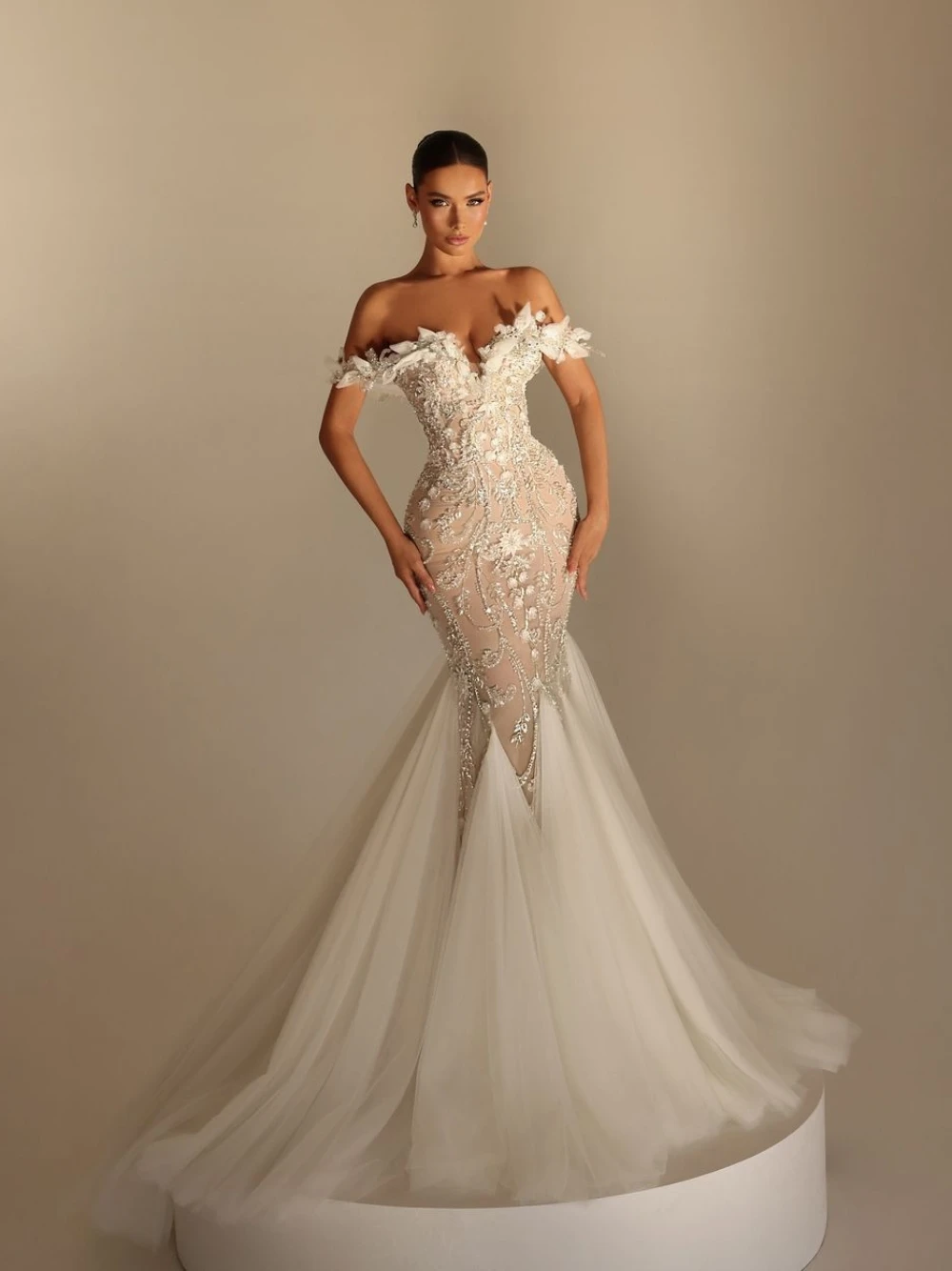 فريد قبالة الكتف حورية البحر ثوب الزفاف رائعة الديكور 3D الأزهار التفاصيل والتنورة تول المتدفقة فستان الزفاف حالمة فاخرة #2