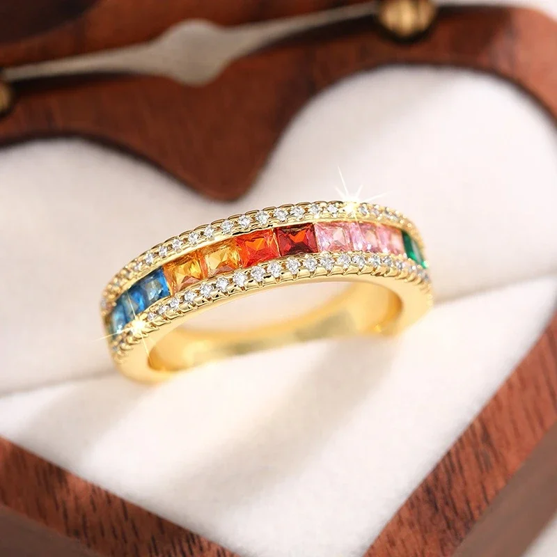 Colorful Zircon Round Luxury Ring with A Whole Circle, New Personalized Single Row Fashion Jewelry, Minimalist First Accessories