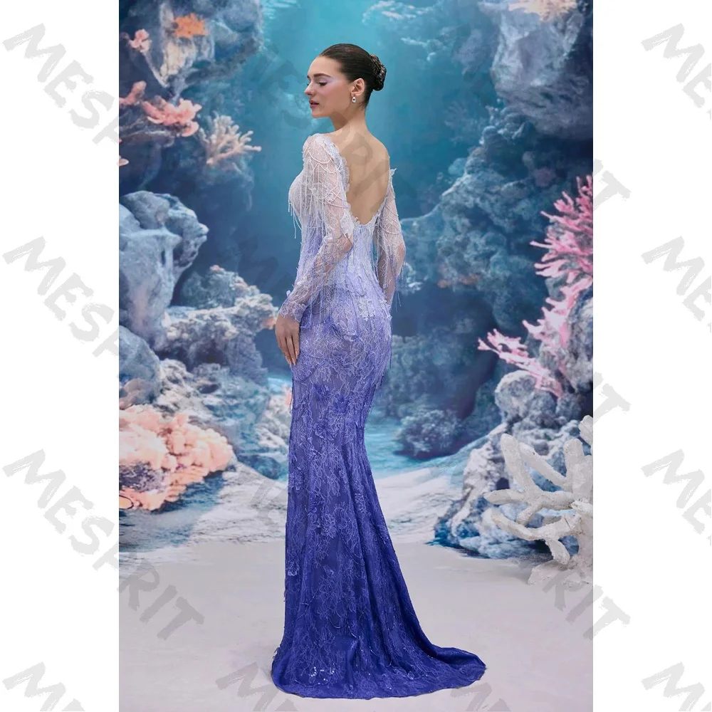 Customized Purple Lace Boat Neck U-shaped Backless Evening Dresses 2026 New Long Sleeved Gradient Tassel Mermaid Dance Gown