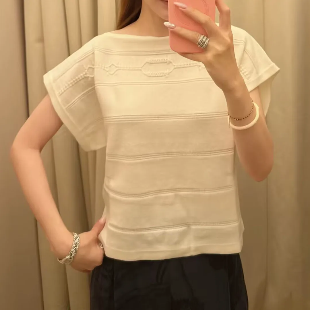 2026 New Summer Fashion Vintage Geometric Jacquard Cashmere Knitted T-shirt Women Slash Neck Short Sleeve Designer Tops Tee