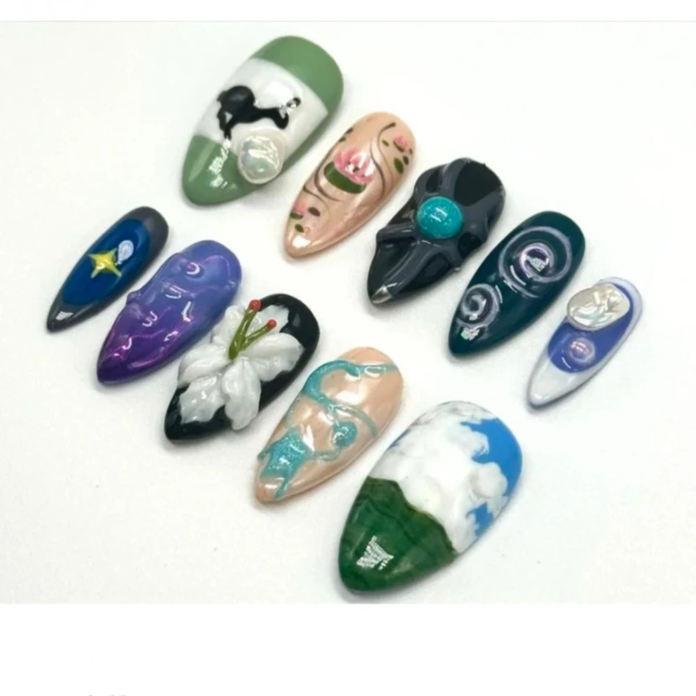 10Pcs Luxury Fake Nails New Fashion Handmade 2024 INS Y2K Limited 3D Flower Reusable Acrylic Finger Nails with Manicure Set