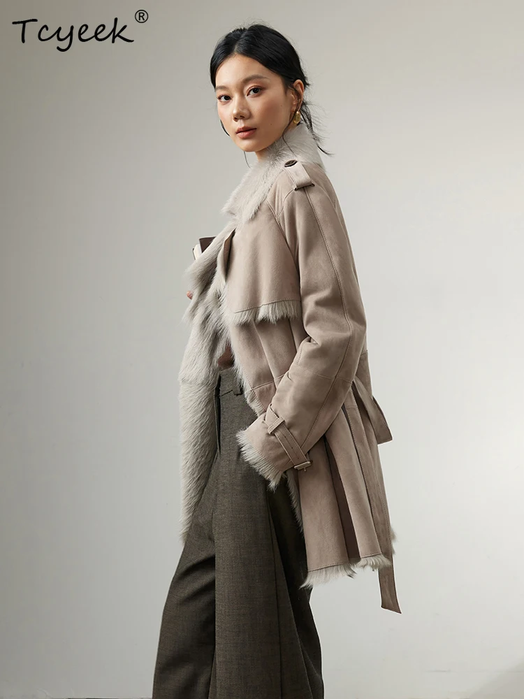 Tcyeek Real Wool Autumn Winter High End Trendy Cream Grey Medium Length Women's Lamb Wool Shearling Fur Coat Fourrures Femme