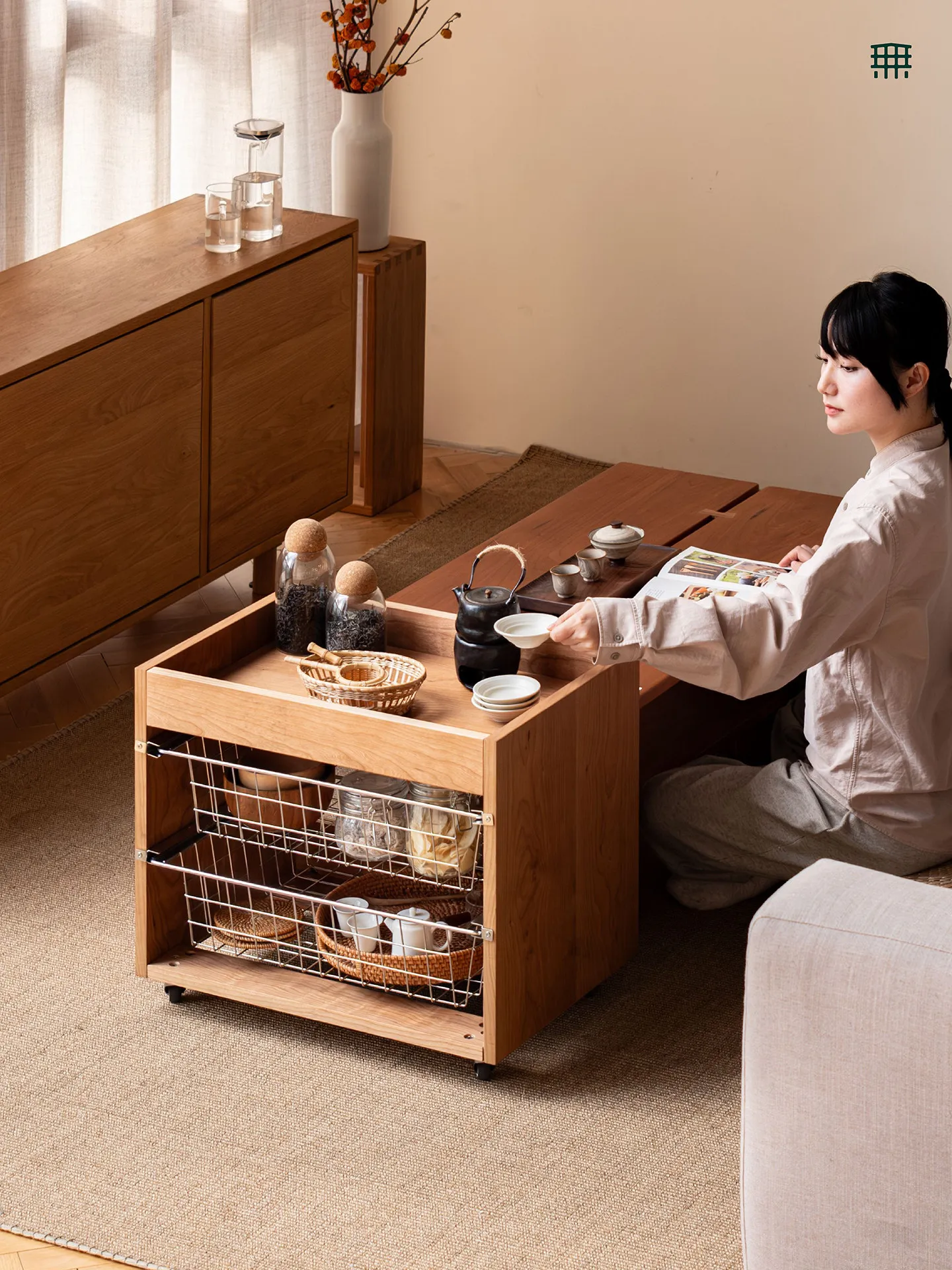 YFY solid wood stainless steel pull basket cabinet dining room living room mobile side multi-layer cabinet floor bedside