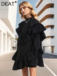 DEAT Fashion Women's Multi Layer Ruffle Edge Splicing Dress Round Neck Loose Long Sleeve Mini Dresses Autumn 2024 New 1Z199