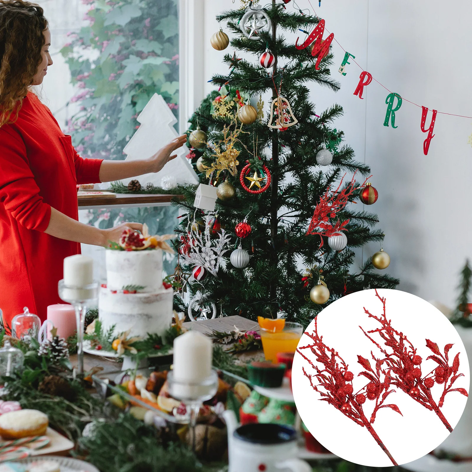 

2pcs Christmas Tree Decorations Glitter Leaves Picks Plastic Foams Diy Xmas Decorations For Holiday Party Home Festival Ornament