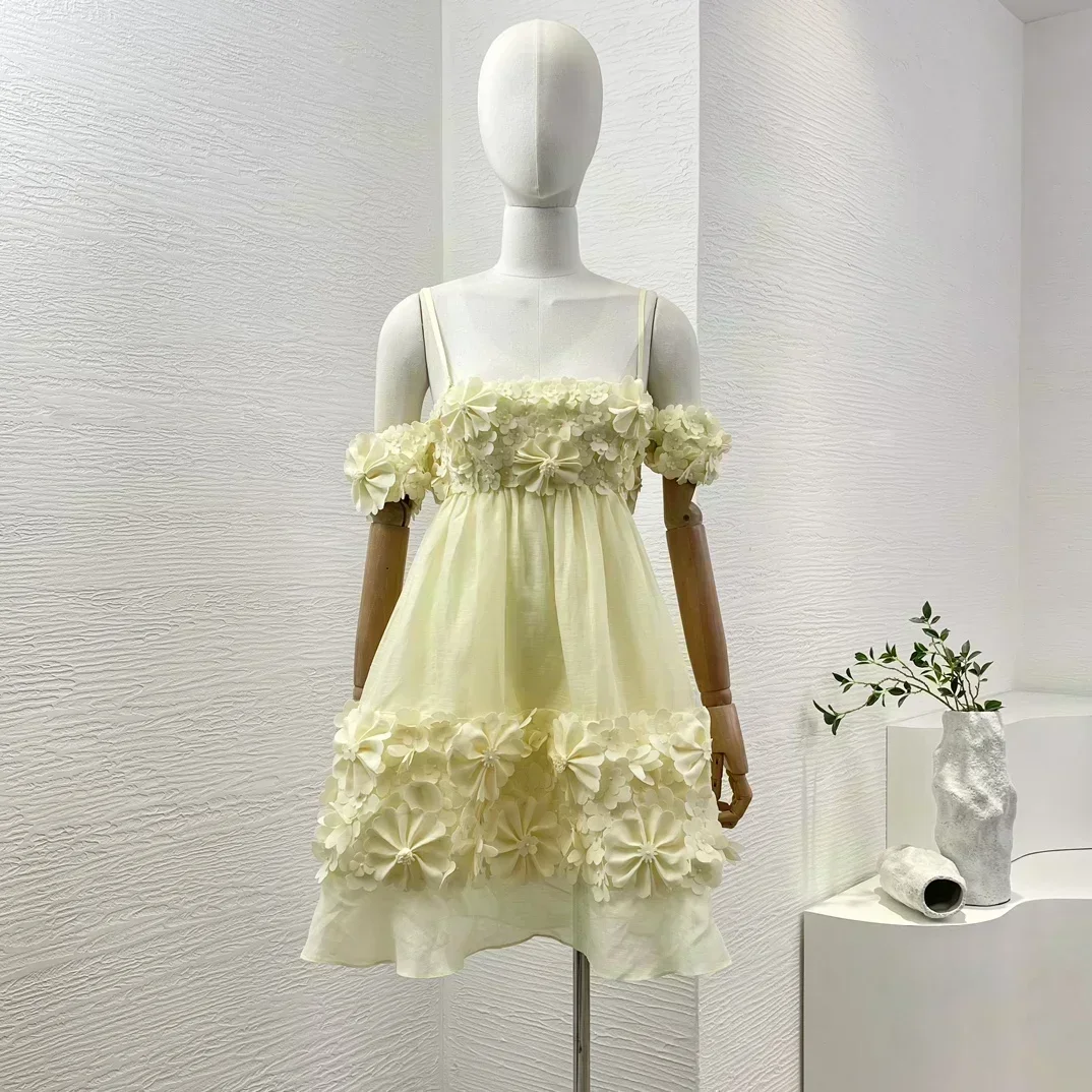 Linen Silk 2024 New Summer Design Collection Yellow High Quality Three-dimensional Decoration Cut Out Back Mini Tube Dresses