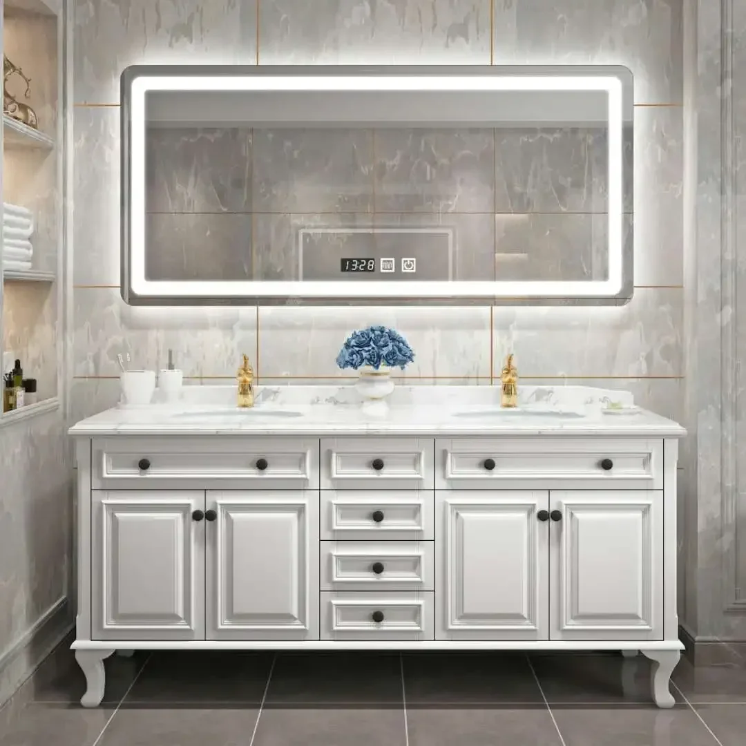 European-style rubber wood floor-to-ceiling washbasin pool double basin solid wood washstand bathroom cabinet