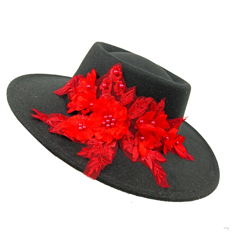 9.5cm brim embroidered three-dimensional flower Fedora women\'s jazz top hat Spring and Autumn Panama French elegant fedora hat