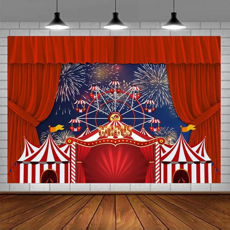 Red Circus Tent Photography Backdrop Carnival Ferris Wheel Night Fireworks Background Kids Birthday Party Decoration Baby Shower