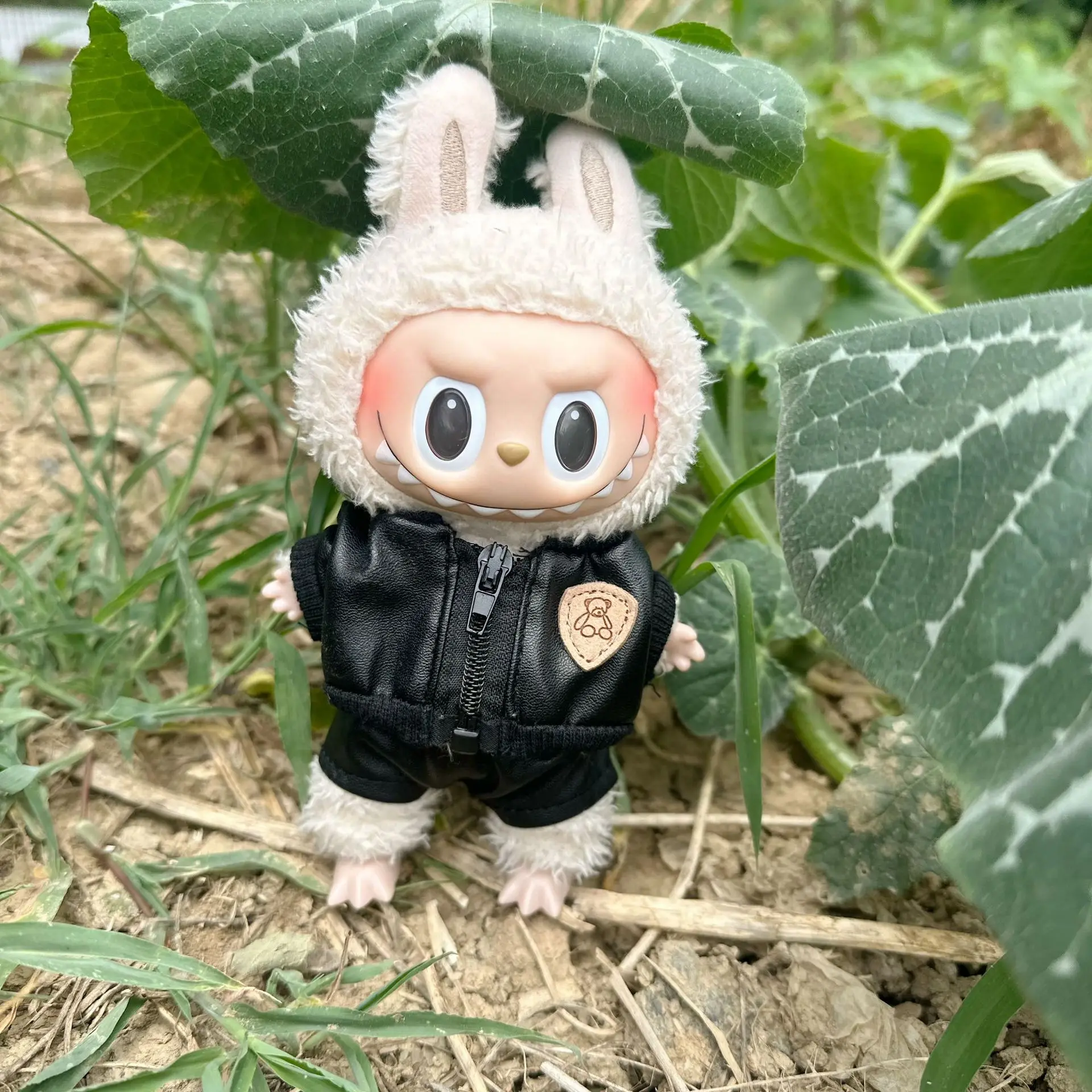 17cm Cool Leather Suit Labubu Clothes Plush Idol Dolls Jumpsuit Fashionable Jacket Leather No Doll Korea Kpop Exo Accessories