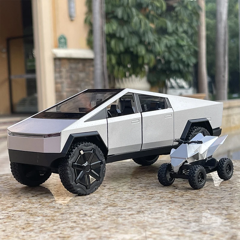 1:24 Tesla Cybertruck Pickup With Motorcycle Alloy Diecasts & Toy Vehicles Metal Toy Car Model Sound and light Collection Toy