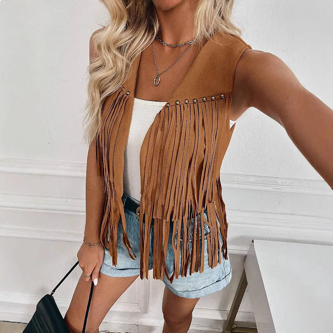 Women Fringe Vest Hippie Suede Rivet Sleeveless Fringe Top