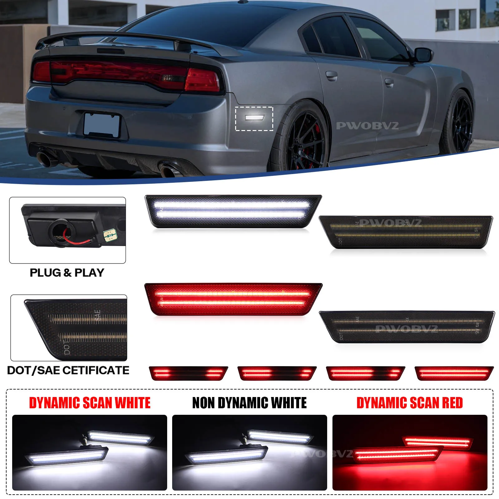 

2 шт. динамический сканирующий красный, белый фары дальнего света заднего бампера, светодиодный боковой габаритный фонарь для Dodge Challenger 2008-2014 и зарядное устройство 2011-2014