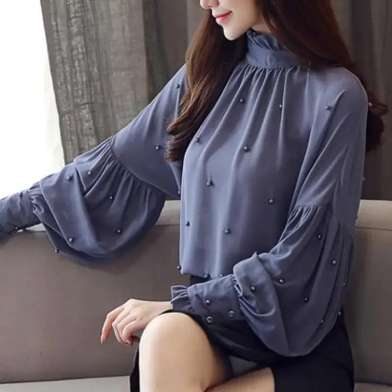 

Autumn Spring Fashion Designer Women Beaidng Lantern Full Sleeve Pearls Blouse , Fall Woman Loose Pleated Ruffle Chiffon Blouses