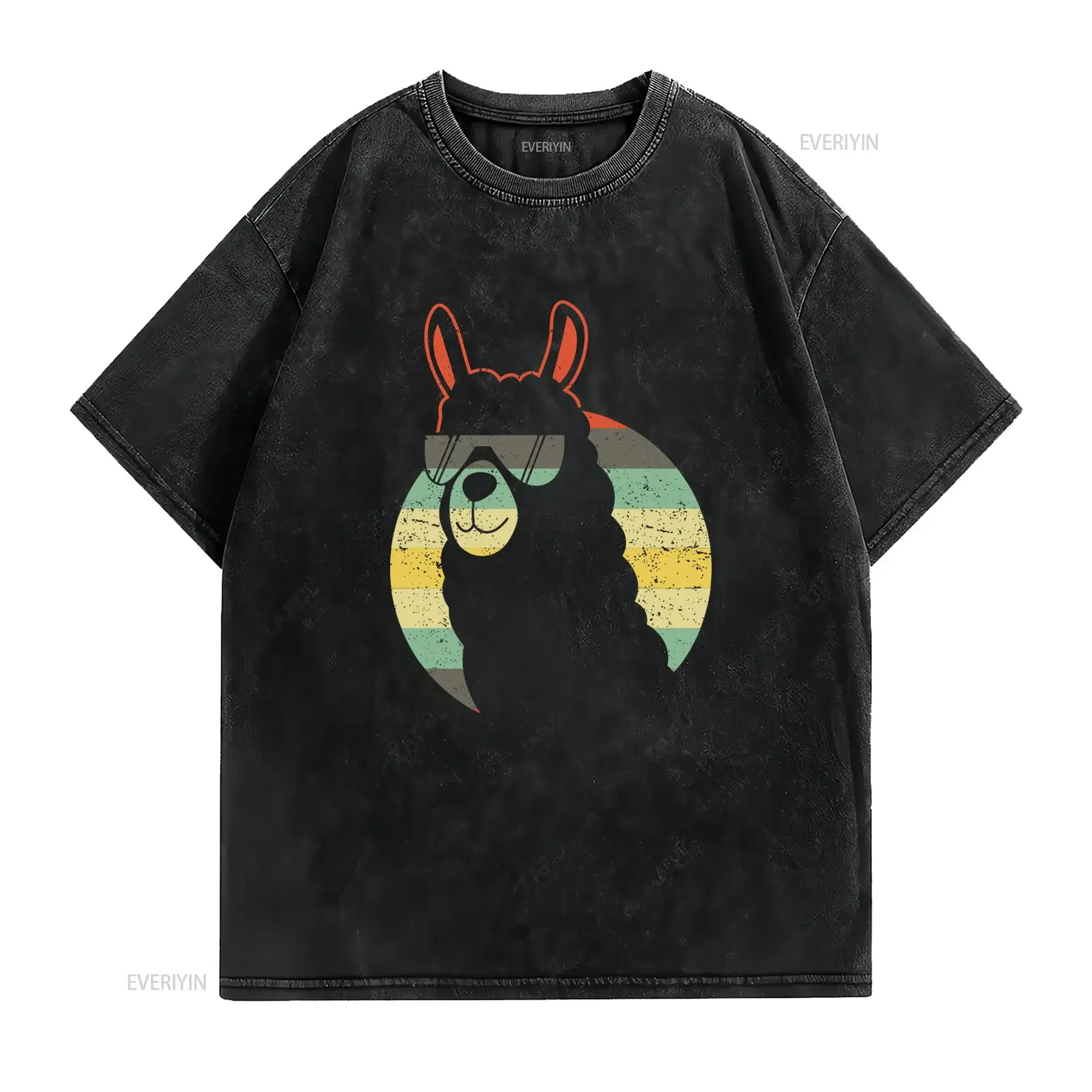 Retro Vintage Cool Llama with Sunglasses Sunset Striped Print Casual T Shirt vintage Washed Slightly Top For Everyday Wear