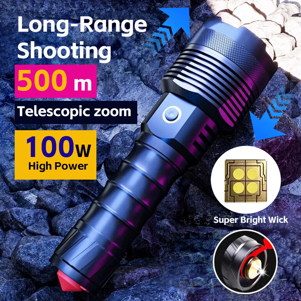 

Powerful LED Flashlight Super bright Long Range 4 LED Wick Spotlight Lamp USB Rechargeable Outdoor Lighting Lantern Zoomable Tac