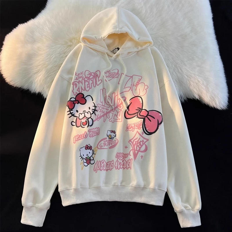 Winter Thickened Sanrios Hellokitty Hooded Sweatshirt for Girls Cartoon Couple Kawaii Plus Velvet Printed Warm Long-Sleeved Top