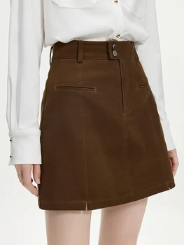 FSLE kadınlar kış Mini etekler yüksek bel iki düğme tasarım kadın dimi Retro Denim kırmızı kısa etek 100% pamuklu etek 24FS14564