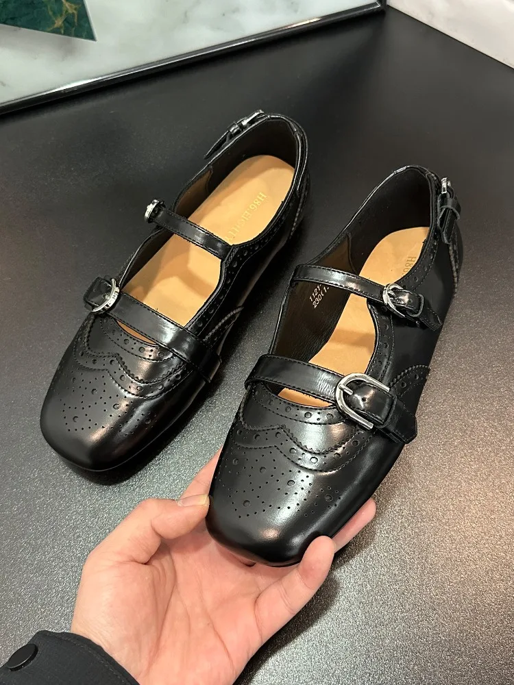 British Style Cowhide Brogue Shoes Women Fashion Leather Shoes Genuine Leather Square-toe Double Buckle Black Flats