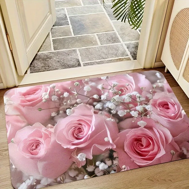 Pink Rose Pattern Non-slip Floor Mat, Machine Washable Floral Design Indoor Carpet Suitable for Entrance Corridor Bedroom