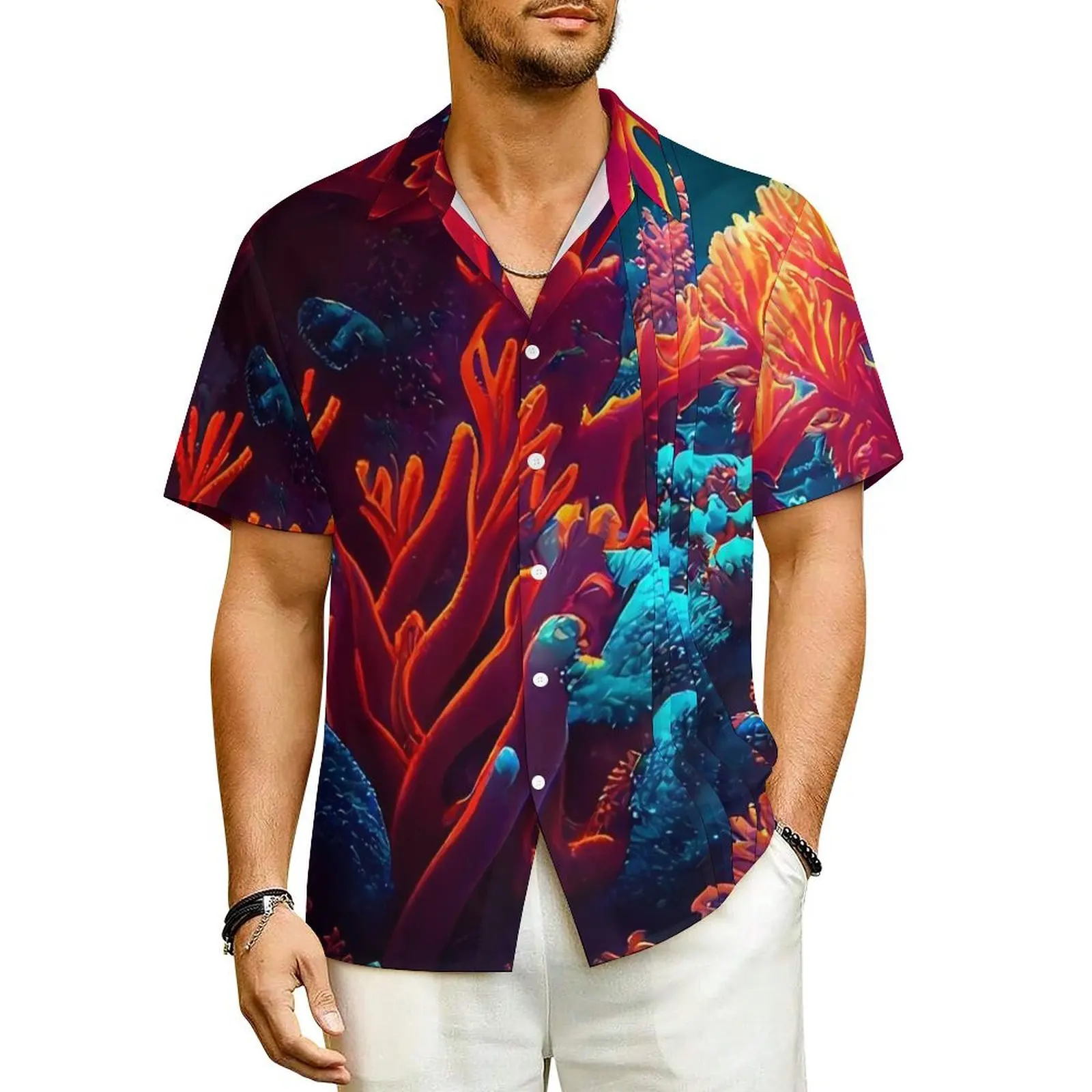 

Tropical Marine Beach Shirt Man Vibrant Coral Print Elegant Casual Shirts Hawaiian Short Sleeve Street Oversized Blouses Gift