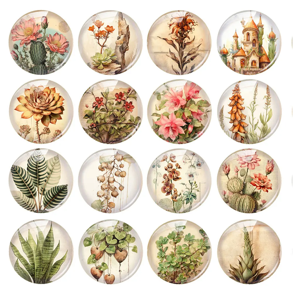 Random Mixed Round/Oval/Square Retro Flower Plants Photo Glass Cabochon Flatback Demo Cameo For Diy Jewelry Making Handmade