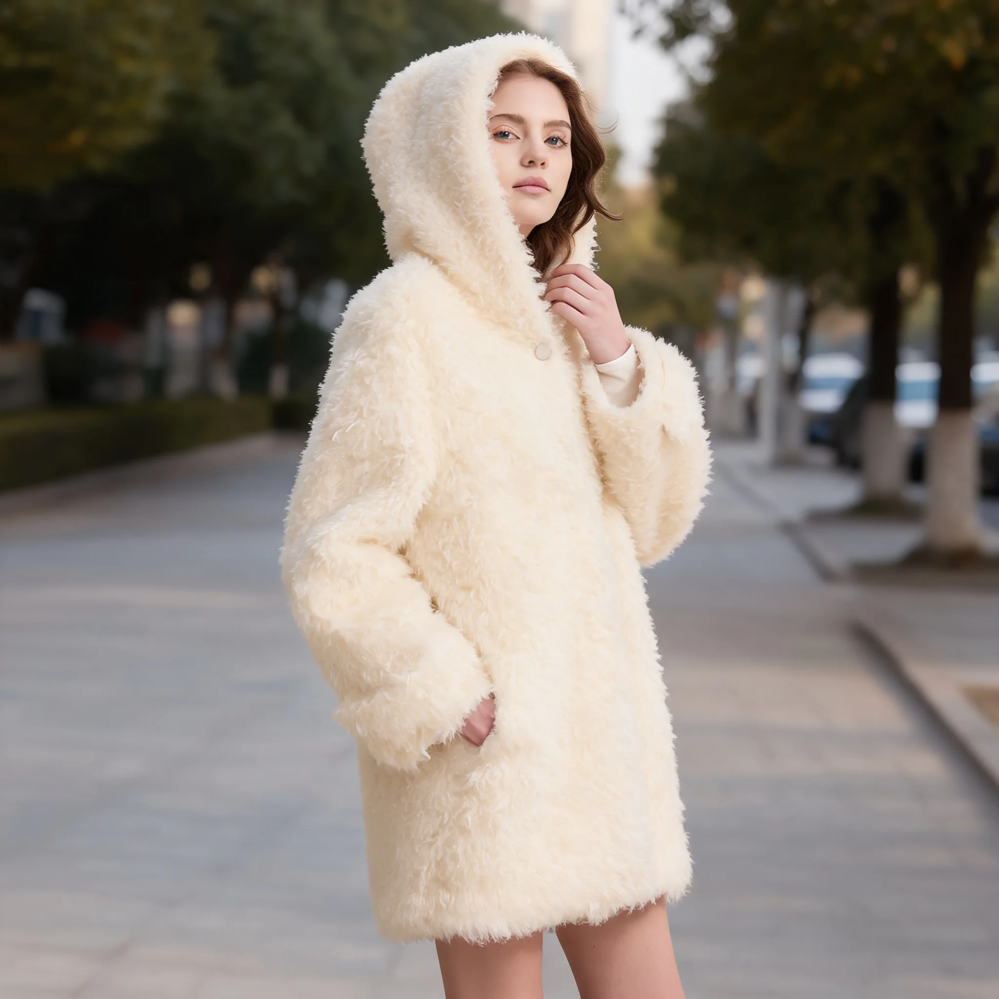 Hooded Thick Coat Mid Long Length Fresh and Sweet with Elegant Snap Button Closure Winter Regular Fit Patchwork Women Coat