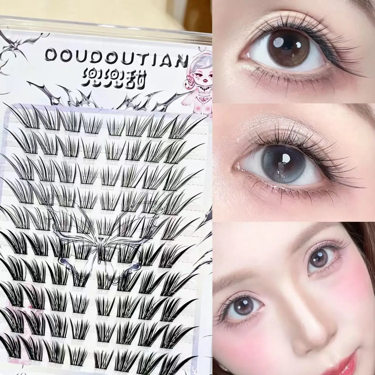 Doudoutian Clear Slant Fox Cluster Lashes Elegant Natural Look Fit Light Heavy Makeup Photo Friendly Vivid Fox Eye Makeup