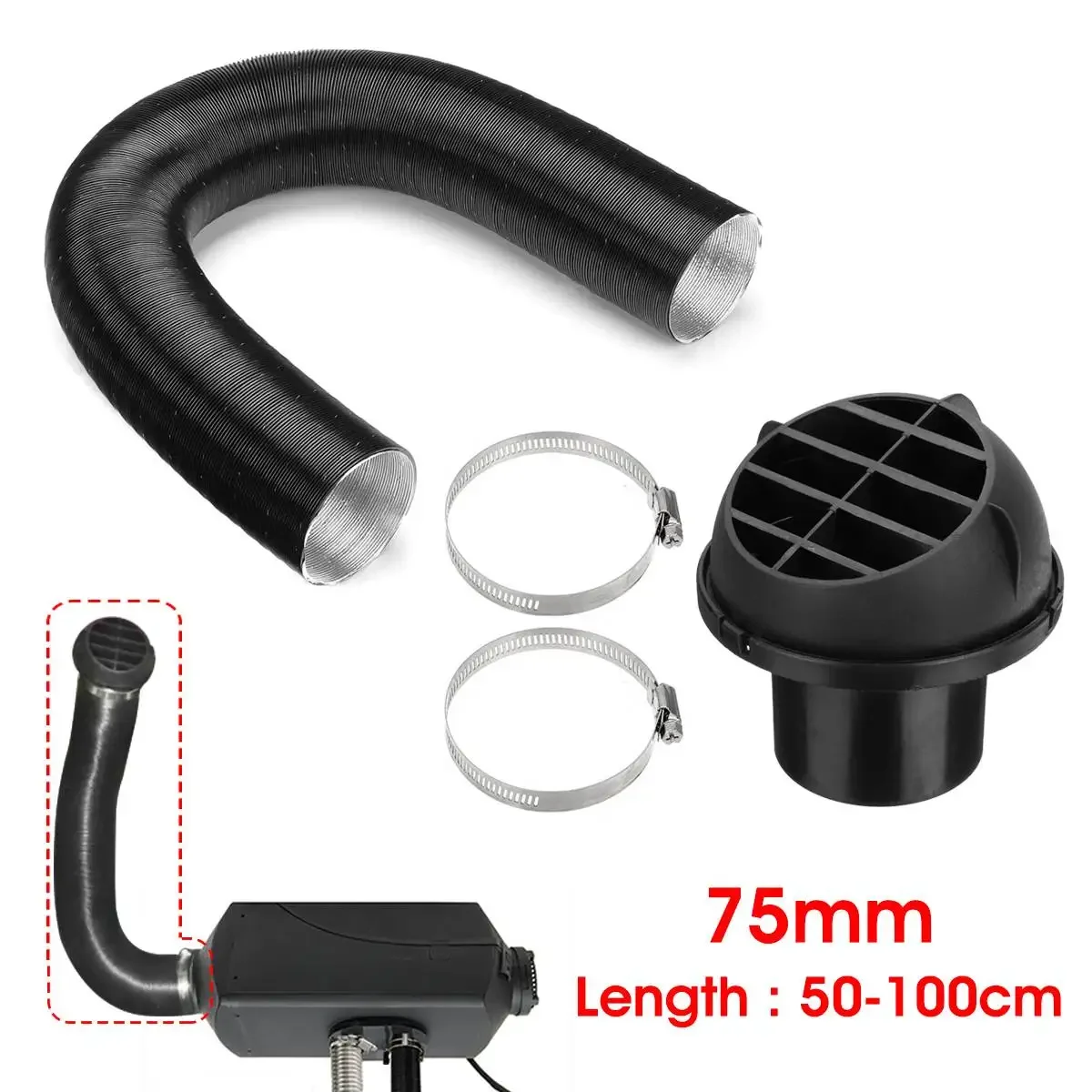 

1/2sets 75mm Car Heater Ducting Pipe Air Vent Outlet w/Clamps For Webasto Eberspacher Propex Heaters