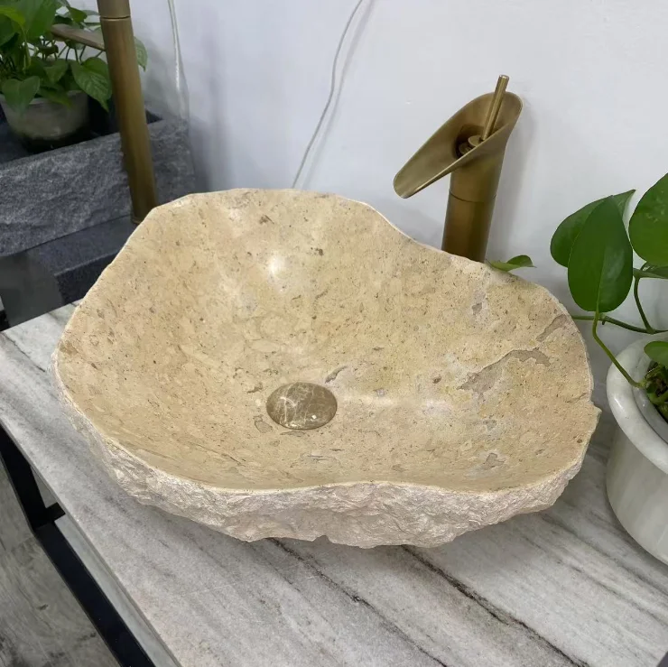 Modern Design Polished Beige Marble Irregular Shaped Eco-Friendly Water Resistant Indoor/Outdoor Bathroom Face Washbasin