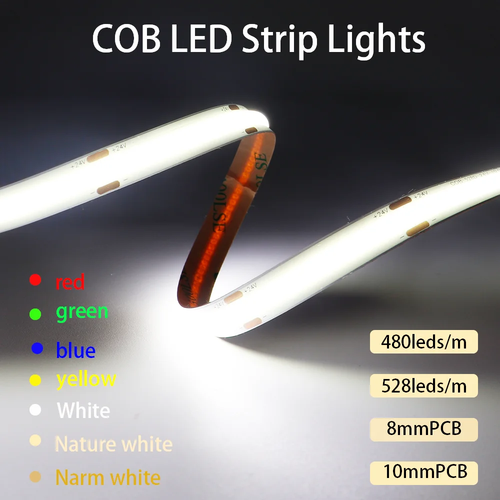 High Density COB LED Strip Light Monochrome Dimmable Flexible RA90 480leds/528leds/M led Lights For Home decoration DC12V 24V