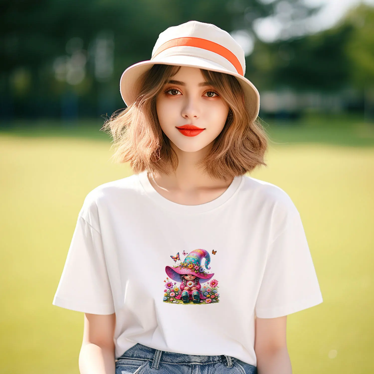 Cute Cartoon Girl Spring Gnomes Flower Colorful Creations Iron on Transfers /Patches for Clothes Strong viscosity  Diy Craft